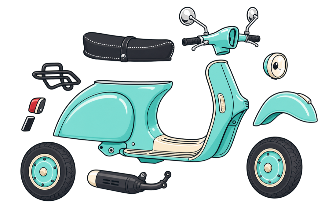 Cartoon scooter taken apart into its parts
