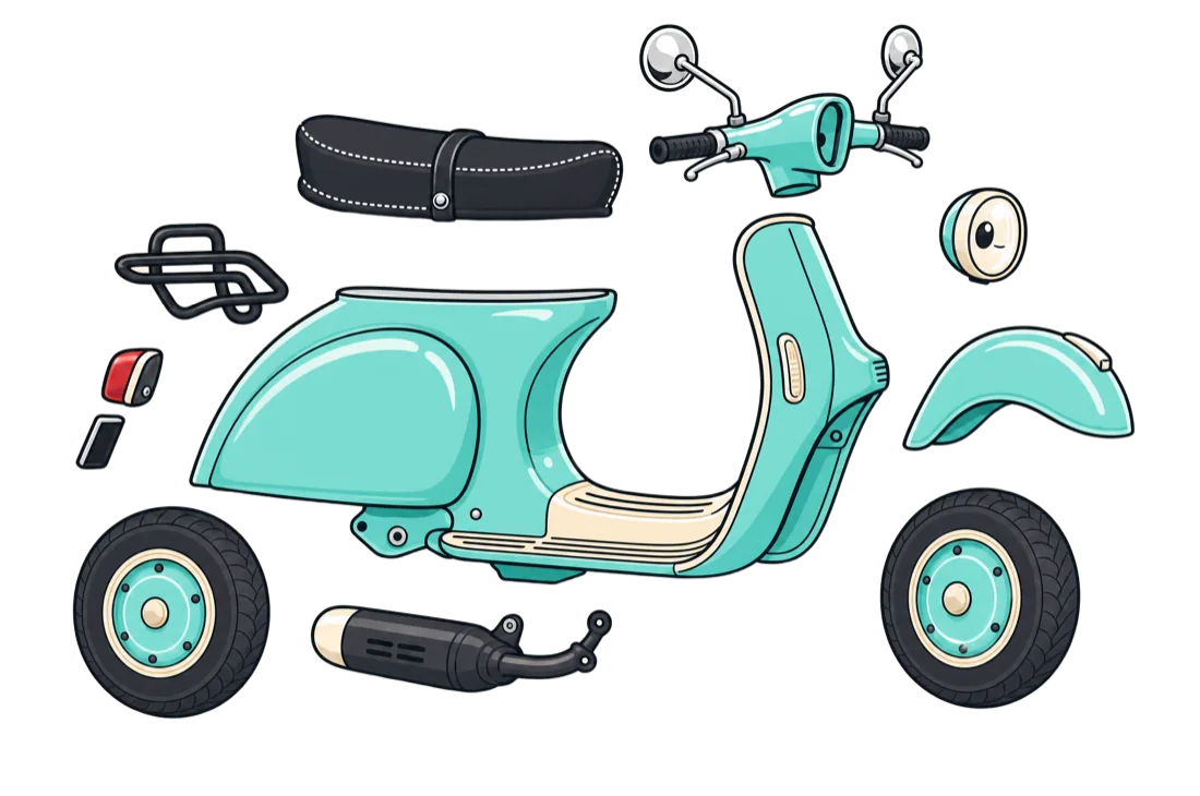 Cartoon scooter taken apart into its parts